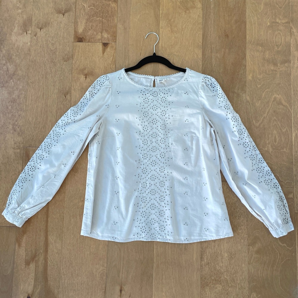 Gap Womens Light Grey Eyelet Embroidered Long Sleeve Cotton Blouse Top Small